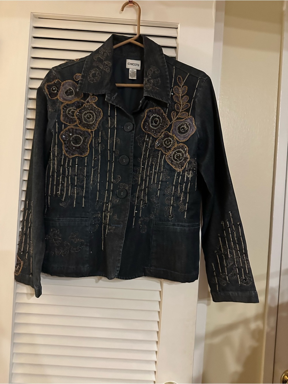 Chico's Black Embroidered Floral Jean Jacket
